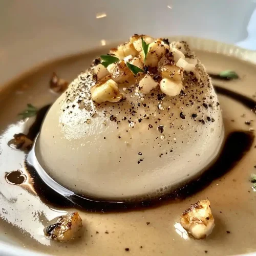 Recette Île Flottante Salée à la Truffe sur Velouté de Cèpes et Noisettes Grillées