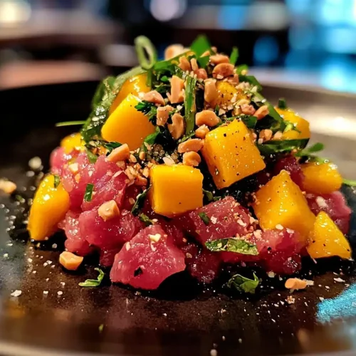 Tartare de Bœuf Façon Thaï et Vinaigrette Coco-Citronnelle 2 Tartare de Bœuf Façon Thaï, Vinaigrette Coco-Citronnelle, Mangue Fraîche & Éclats de Cacahuètes