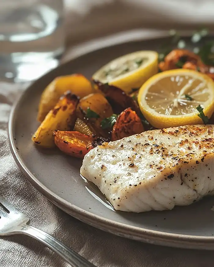 Poissons Blancs : Tout Ce Qu'il Faut Savoir pour les Cuisiner 14 Assiette de poisson blanc au four avec légumes rôtis et citron, photo prise au téléphone