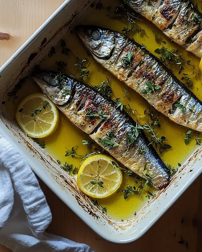 Filets de maquereau (Poissons Gras) au four dans un plat en céramique avec citron et herbes fraîches