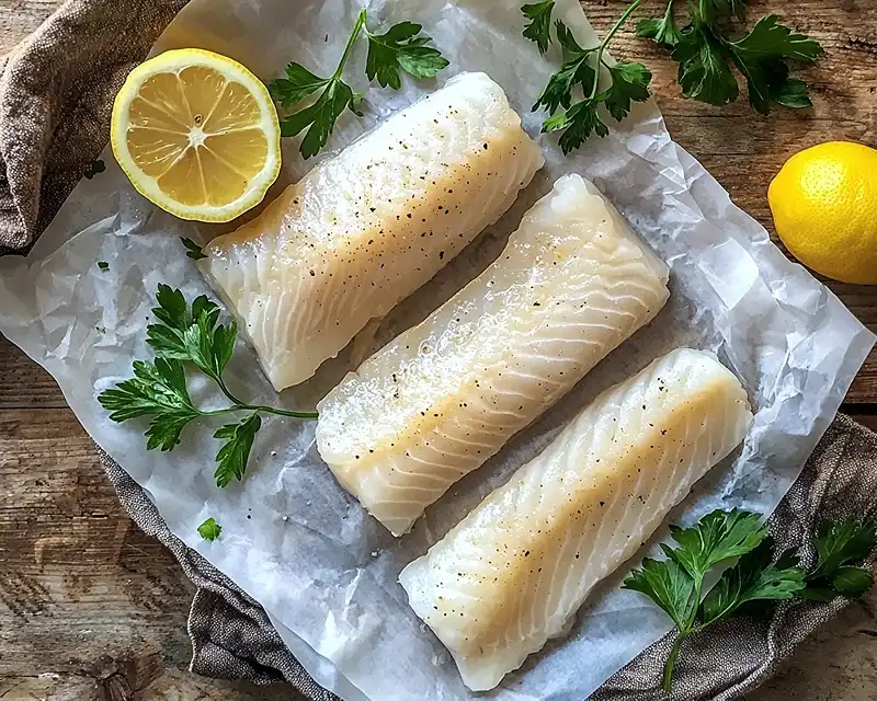 Poissons Blancs : Tout Ce Qu'il Faut Savoir pour les Cuisiner 2 Filets de poissons blancs frais posés sur du papier sulfurisé avec du citron et du persil