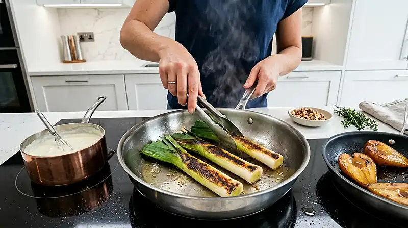 La préparation de la Poireaux Brûlés avec Crème de Gorgonzola, Poire Rôtie au Miel & Noisettes