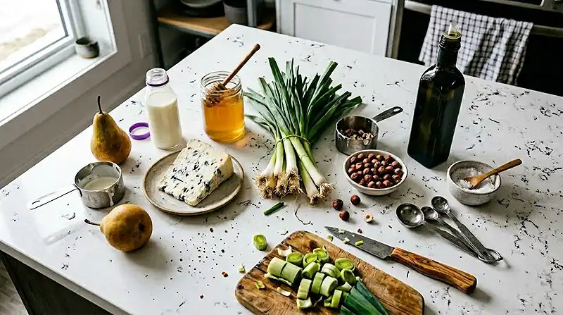Les ingrédients pour Poireaux Brûlés avec Crème de Gorgonzola, Poire Rôtie au Miel & Noisettes