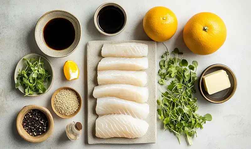 Les ingrédients pour Tataki de Lotte avec Laquage Miso-Agrumes & Purée de Topinambour à la Fève Tonka