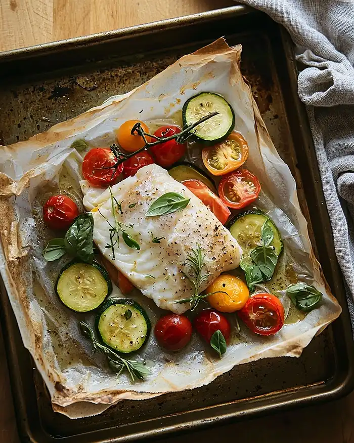 Poissons Blancs : Tout Ce Qu'il Faut Savoir pour les Cuisiner 9 Papillote de filet de poisson blanc au four ouverte avec légumes et herbes fraîches