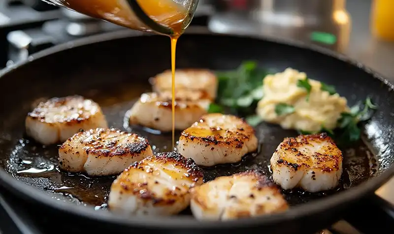 Prépararion de la Tataki de Lotte avec Laquage Miso-Agrumes & Purée de Topinambour à la Fève Tonka