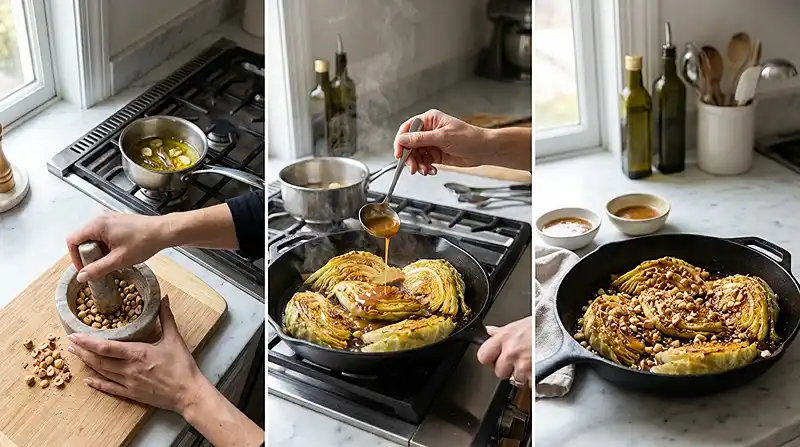 Préparation de la recette Quartier de Chou Pointu Braisé puis Snacké avec sa sauce Bagna Càuda