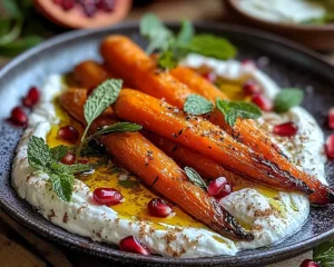 Burrata sur Carottes Rôties au Cumin & Miel, Sauce Yaourt au Tahini