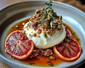 Burrata sur Carpaccio d'Oranges Sanguines Rôties, Granola Salé Pistache & Thym
