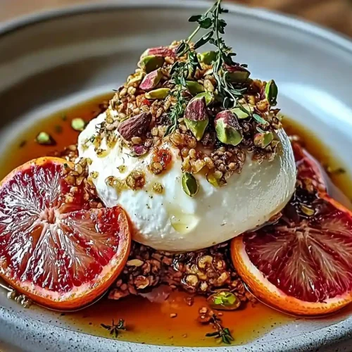 Burrata sur Carpaccio d'Oranges Sanguines Rôties, Granola Salé Pistache & Thym