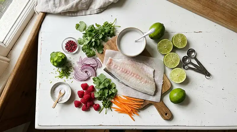 Ceviche de Bar au Lait de Coco et Framboises 3 Ingrrdients pour Ceviche de Bar au Lait de Coco et Framboises