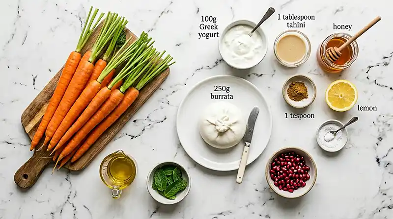 Burrata sur Carottes Rôties au Cumin & Miel 3 Les ingrédients pour Burrata sur Carottes Rôties au Cumin & Miel, Sauce Yaourt au Tahini