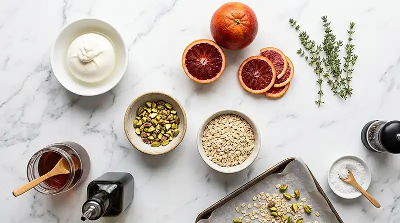 Les ingrédients pour Burrata sur Carpaccio d'Oranges Sanguines Rôties, Granola Salé Pistache & Thym