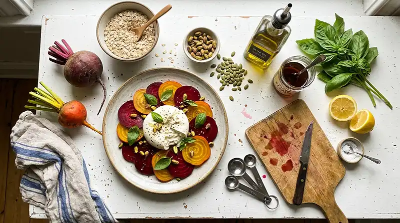 Burrata sur Carpaccio de Betteraves Multicolores 3 Les ingrédients pour Burrata sur Carpaccio de Betteraves Multicolores
