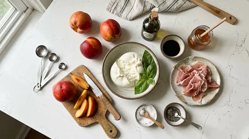 Burrata sur Nectarines Rôties au Balsamique 3 Les ingrédients pour Burrata sur Nectarines Rôties au Balsamique & Jambon de Parme
