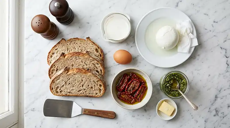 Les ingrédients pour Pain Perdu Salé Façon Caprese Cœur Coulant de Mozzarella & Pesto