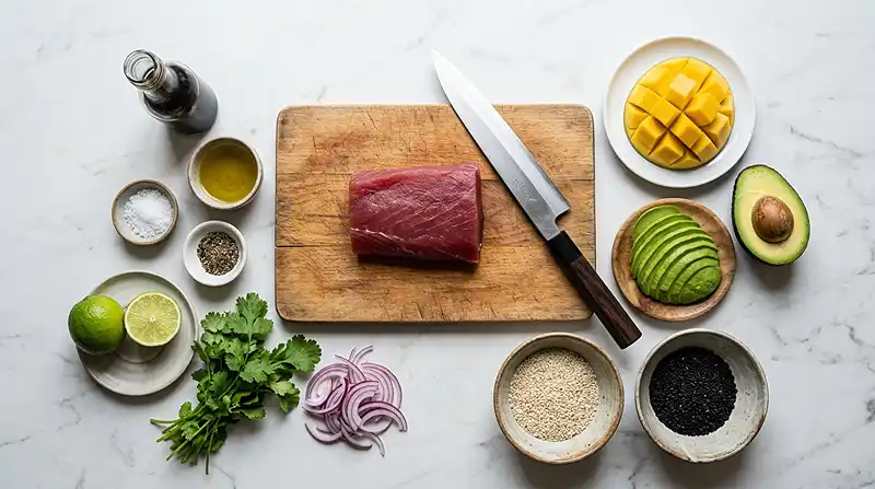 Tataki de Thon au Sésame & Vinaigrette Mangue Avocat 3 Les ingrédients pour Tataki de Thon au Sésame & Vinaigrette Mangue Avocat