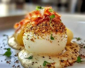 Œuf Mollet Pané aux Noisettes, Velouté de Topinambour à la Truffe & Chips de Pancetta