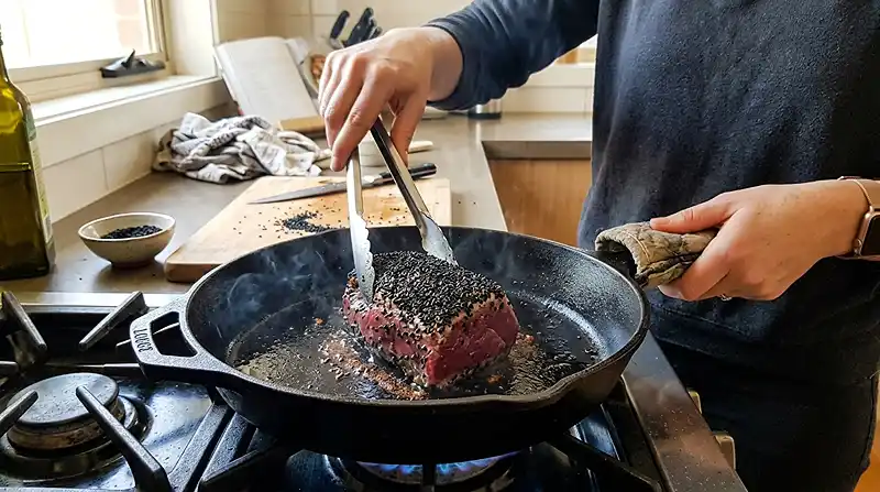 Tataki de Bœuf au Sésame Noir 4 Préparation de la Tataki de Bœuf au Sésame Noir & Crème de Gorgonzola