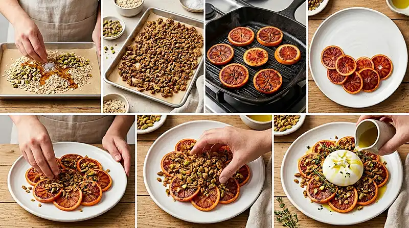 Préparation de la recette Burrata sur Carpaccio d'Oranges Sanguines Rôties, Granola Salé Pistache & Thym