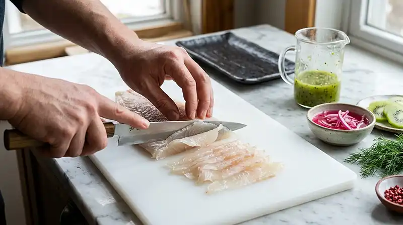 Préparation de la recette Carpaccio de Maigre, Vinaigrette Kiwi & Piment Vert