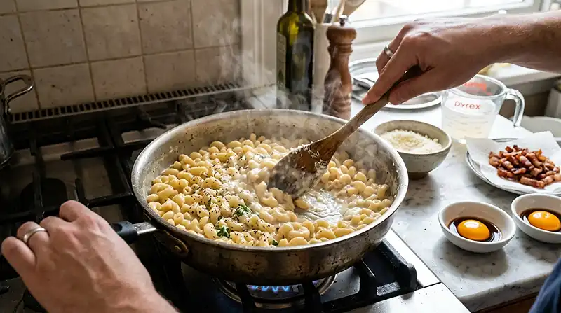 Le Risotto de Coquillettes Cacio e Pepe Gourmand 4 Préparation de la recette Risotto de Coquillettes Cacio e Pepe au Jaune d'Oeuf & Guanciale