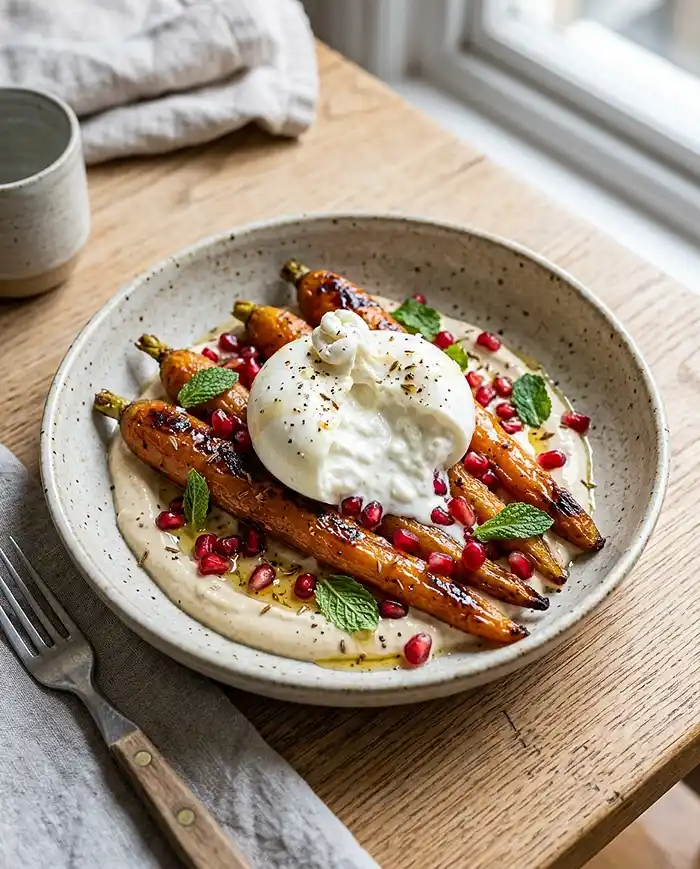 Burrata sur Carottes Rôties au Cumin & Miel 5 Recette Burrata sur Carottes Rôties au Cumin & Miel, Sauce Yaourt au Tahini