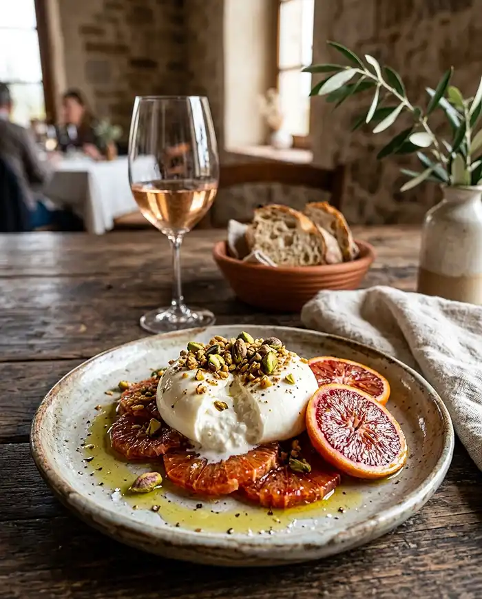 Recette Burrata sur Carpaccio d'Oranges Sanguines Rôties, Granola Salé Pistache & Thym