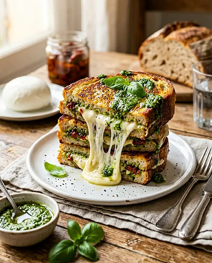 Recette Pain Perdu Salé Façon Caprese Cœur Coulant de Mozzarella & Pesto