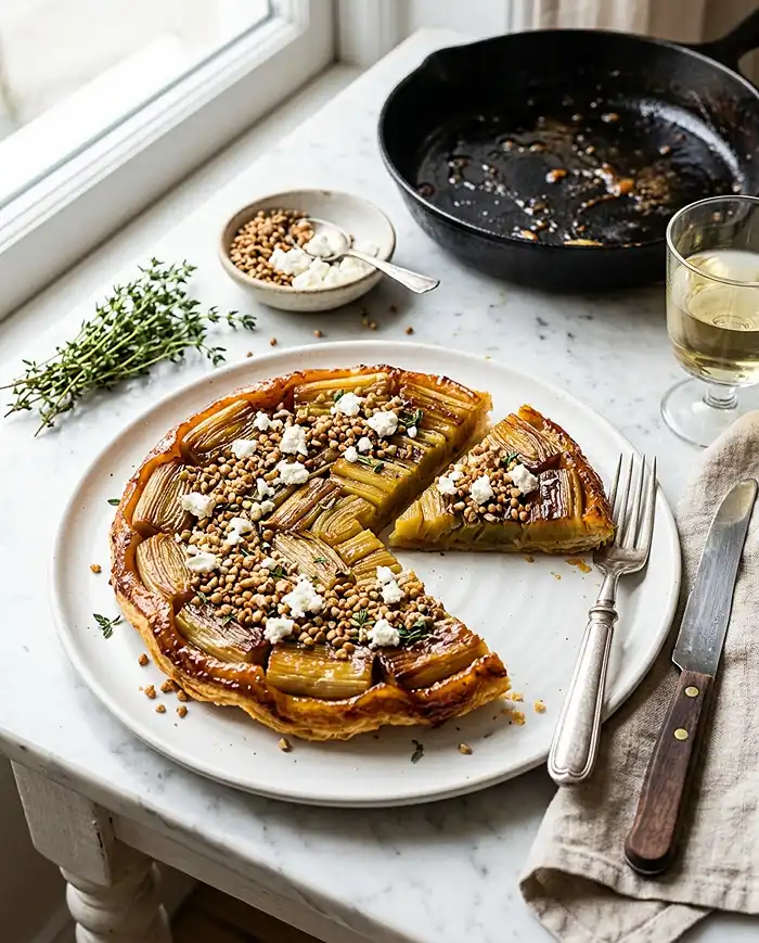 Recette Tarte Tatin de Poireaux au Miel & Chèvre, Crumble de Sarrasin
