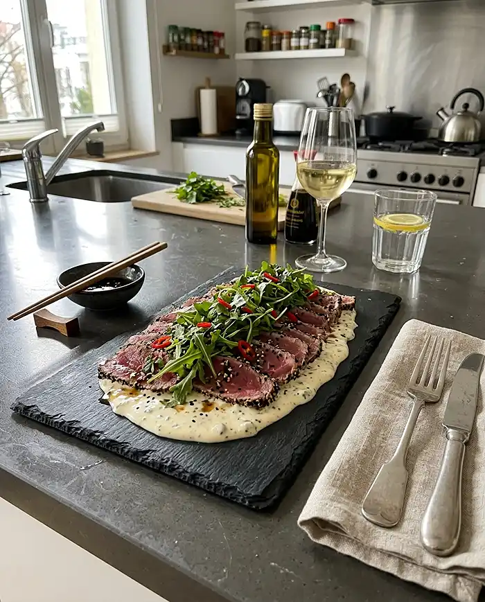 Tataki de Bœuf au Sésame Noir 5 Recette Tataki de Bœuf au Sésame Noir & Crème de Gorgonzola