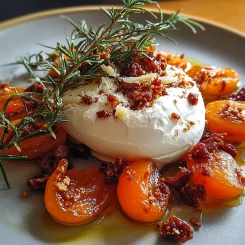 Burrata sur Abricots Rôtis au Romarin 2 Burrata sur Abricots Rôtis au Romarin, Crumble de Chorizo & Miel Pimenté