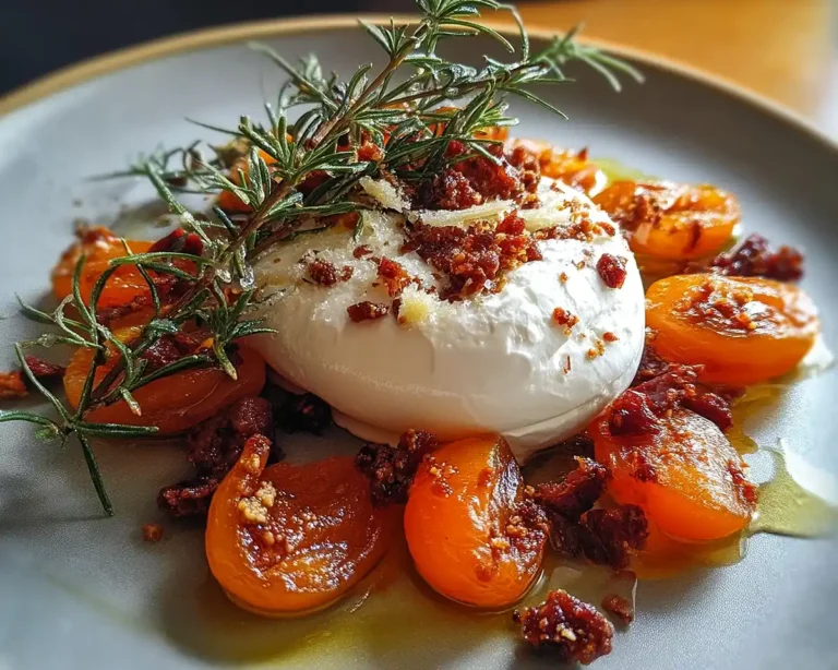 Burrata sur Abricots Rôtis au Romarin, Crumble de Chorizo & Miel Pimenté