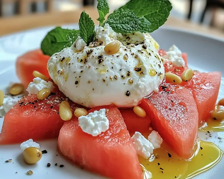 Burrata sur Pastèque Grillée au Miel Pimenté & Feta Émiettée
