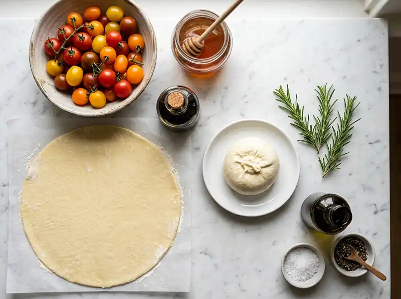 Tatin de Tomates Cerises Confites au Romarin & Burrata Fumée 3 Les Ingrédients pour Tatin de Tomates Cerises Confites au Romarin & Burrata Fumée