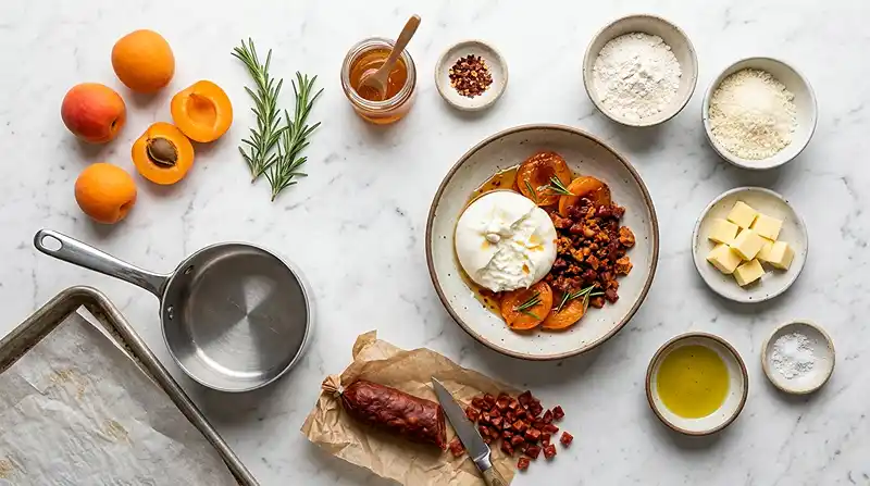 Burrata sur Abricots Rôtis au Romarin 3 Les ingrédients pour Burrata sur Abricots Rôtis au Romarin, Crumble de Chorizo & Miel Pimenté