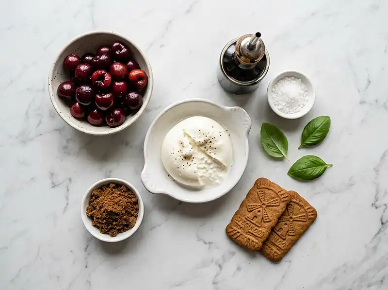 Burrata sur Cerises Rôties au Balsamique & Éclats de Spéculoos Salés 3 Les ingrédients pour Burrata sur Cerises Rôties au Balsamique