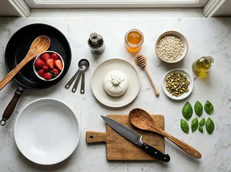 Les ingrédients pour Burrata sur Fraises Rôties au Balsamique & Granola Pistache