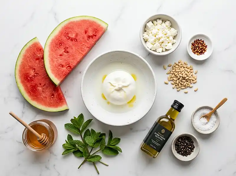 Burrata sur Pastèque Grillée au Miel Pimenté 3 Les ingrédients pour Burrata sur Pastèque Grillée au Miel Pimenté & Feta Émiettée