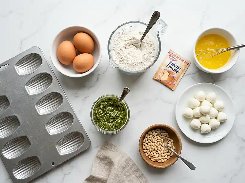 Les ingrédients pour Madeleines au Pesto, Cœur Coulant de Mozzarella & Pignons