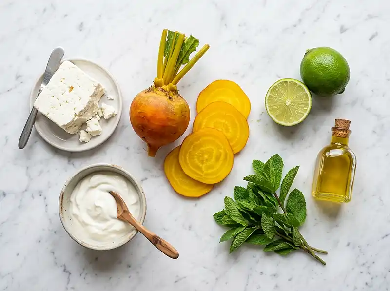 Les ingrédients pour Mille-feuille de Betterave Jaune, Feta Fouettée au Citron Vert & Huile de Menthe