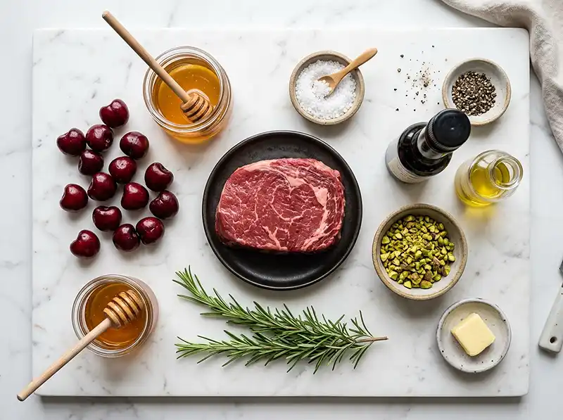 Tataki de Bœuf au Romarin 3 Les ingrédients pour Tataki de Bœuf au Romarin, Cerises Rôties & Éclats de Pistaches