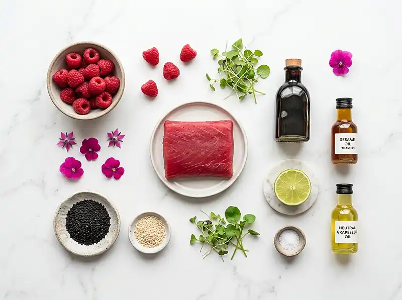 Tataki de Thon à la Framboise, Sésame Noir 3 Les ingrédients pour Tataki de Thon à la Framboise, Sésame Noir & Vinaigrette Hibiscus
