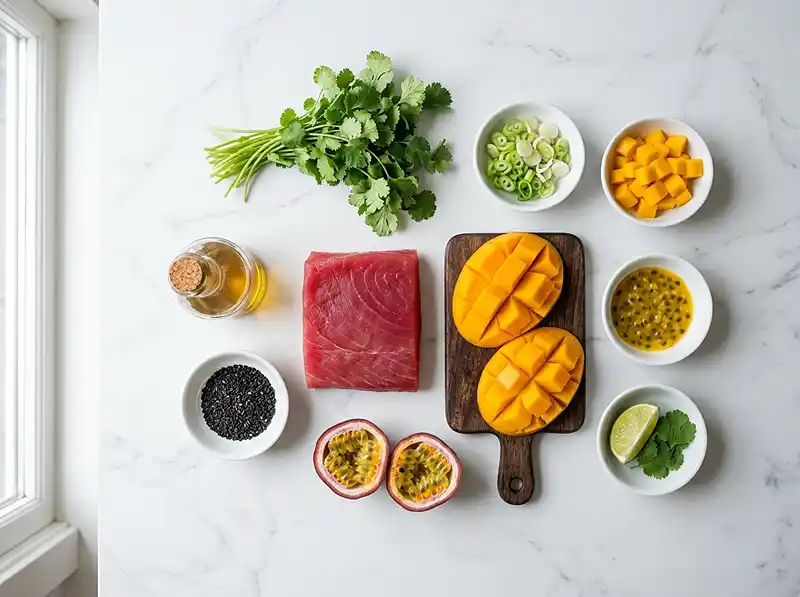 Les ingrédients pour Tataki de Thon à la Mangue, Vinaigrette Passion & Sésame Noir