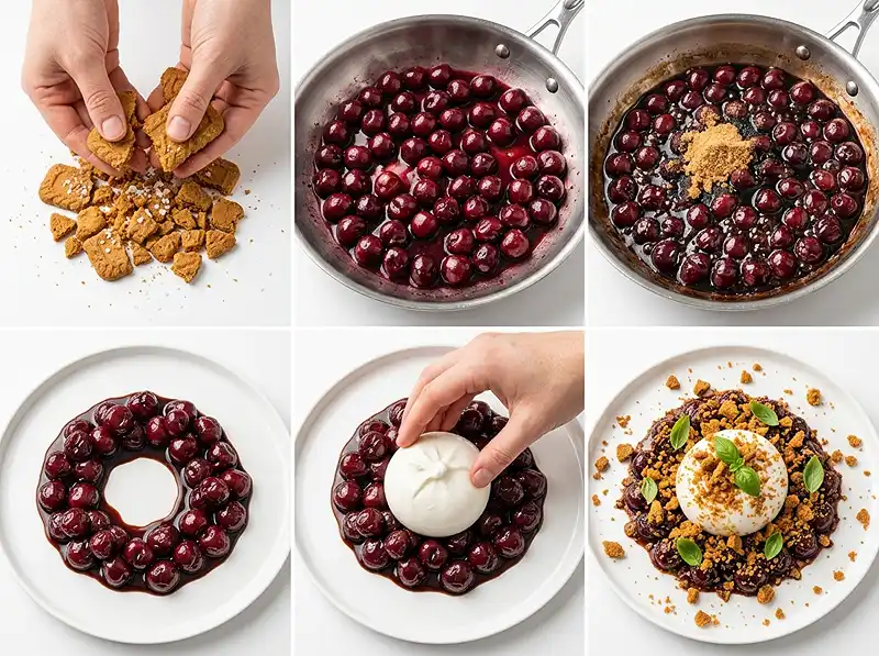 Burrata sur Cerises Rôties au Balsamique & Éclats de Spéculoos Salés 4 Préparation de la recette Burrata sur Cerises Rôties au Balsamique