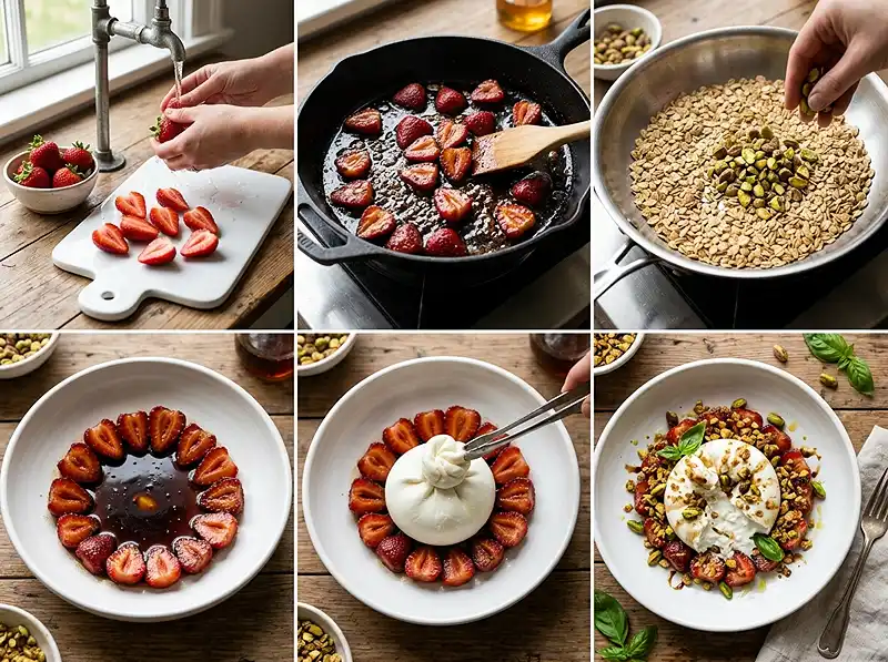 Préparation de la recette Burrata sur Fraises Rôties au Balsamique & Granola Pistache