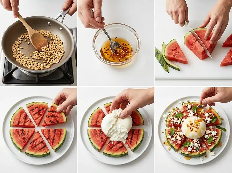 Burrata sur Pastèque Grillée au Miel Pimenté 4 Préparation de la recette Burrata sur Pastèque Grillée au Miel Pimenté & Feta Émiettée