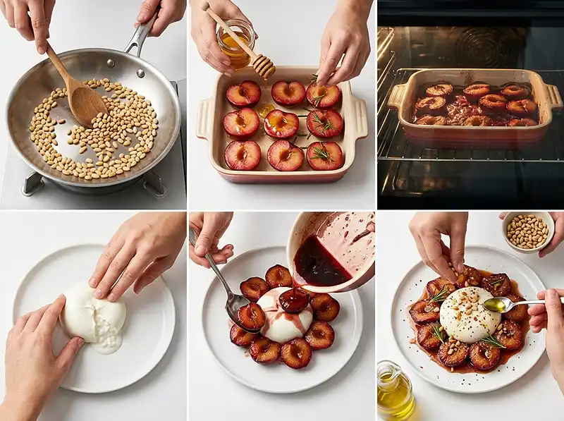 Préparation de la recette Burrata sur Prunes Rôties au Miel