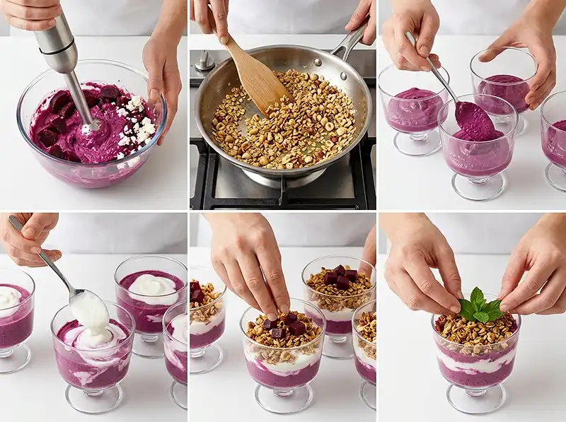 Feta Fouettée à la Betterave Inratable 4 Préparation de la recette Feta Fouettée à la Betterave, Granola Salé & Menthe