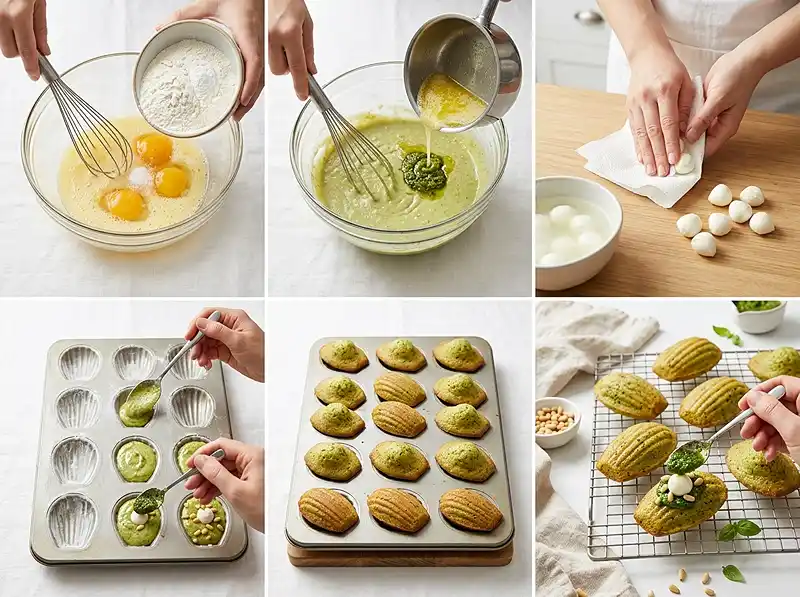 Préparation de la recette Madeleines au Pesto, Cœur Coulant de Mozzarella & Pignons